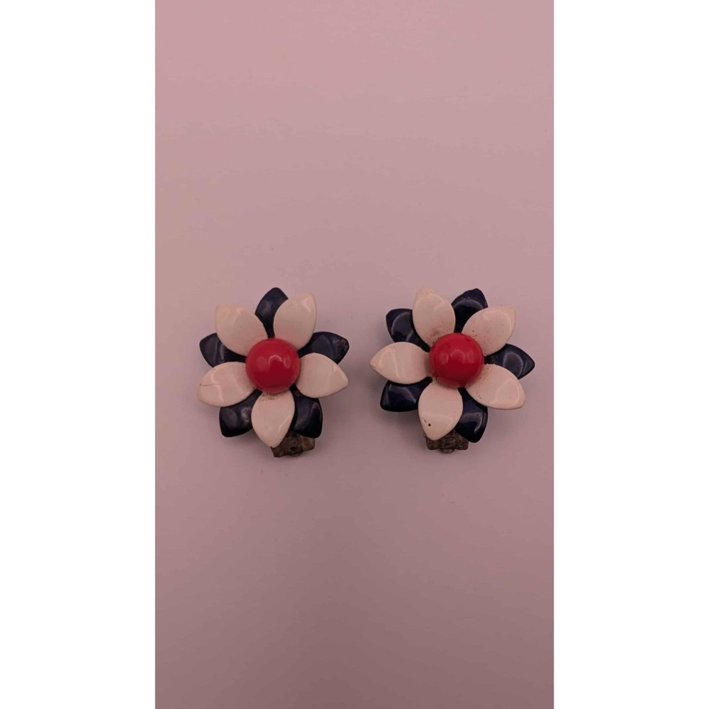 Vintage Japanese Tri Color Flower Clip On Earrings - Picture 2 of 4